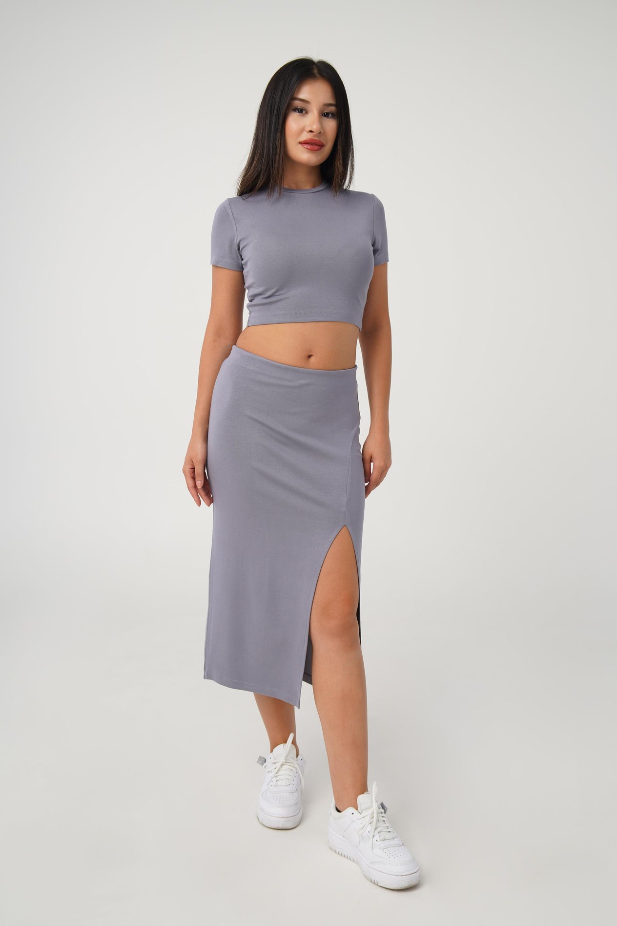 Yırtmaçlı Etek Crop Basic Gri İkili Takım