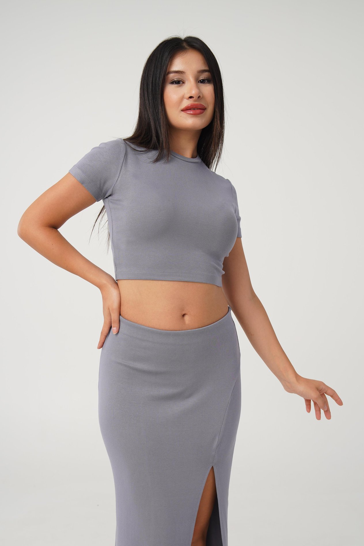 Yırtmaçlı Etek Crop Basic Gri İkili Takım