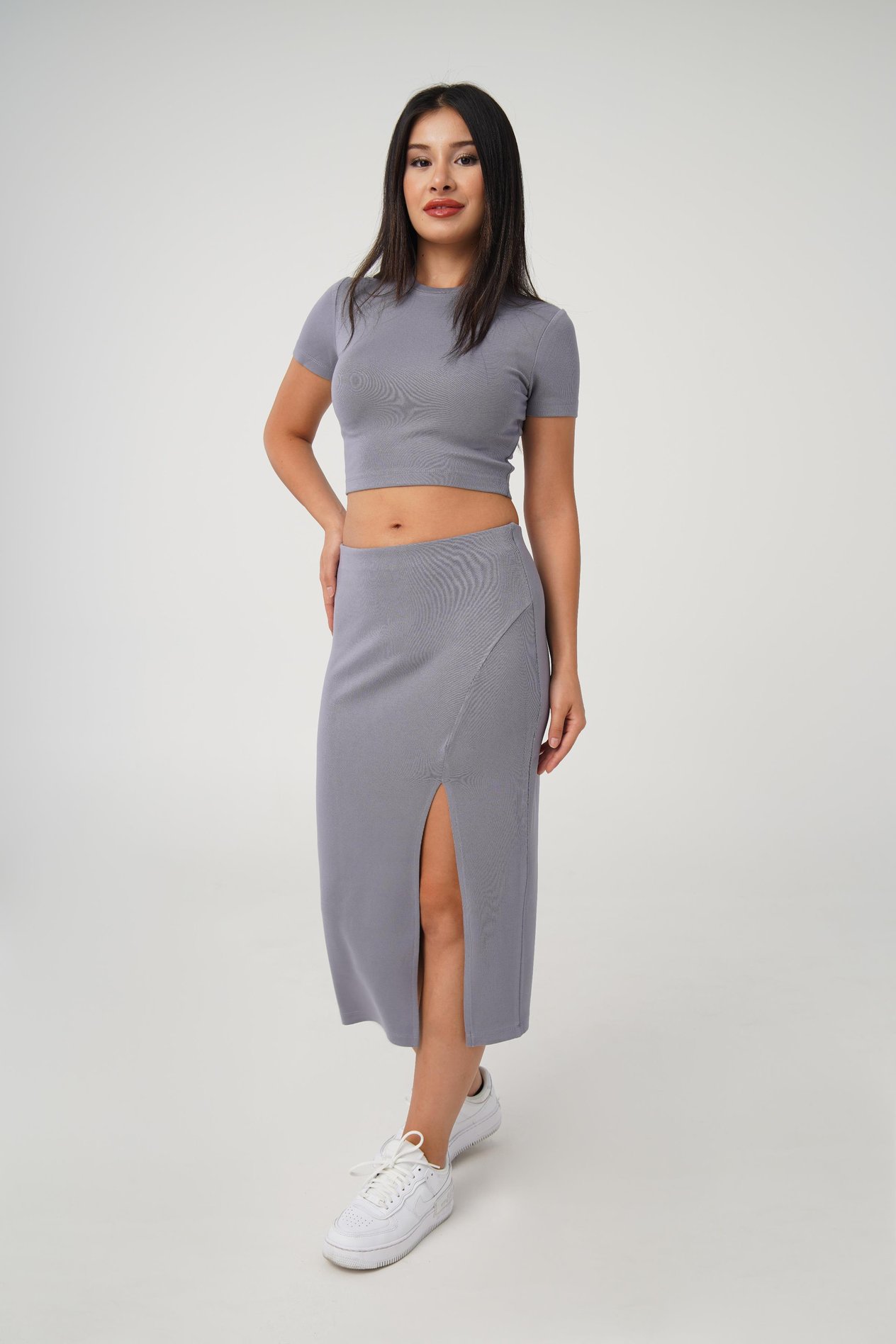 Yırtmaçlı Etek Crop Basic Gri İkili Takım