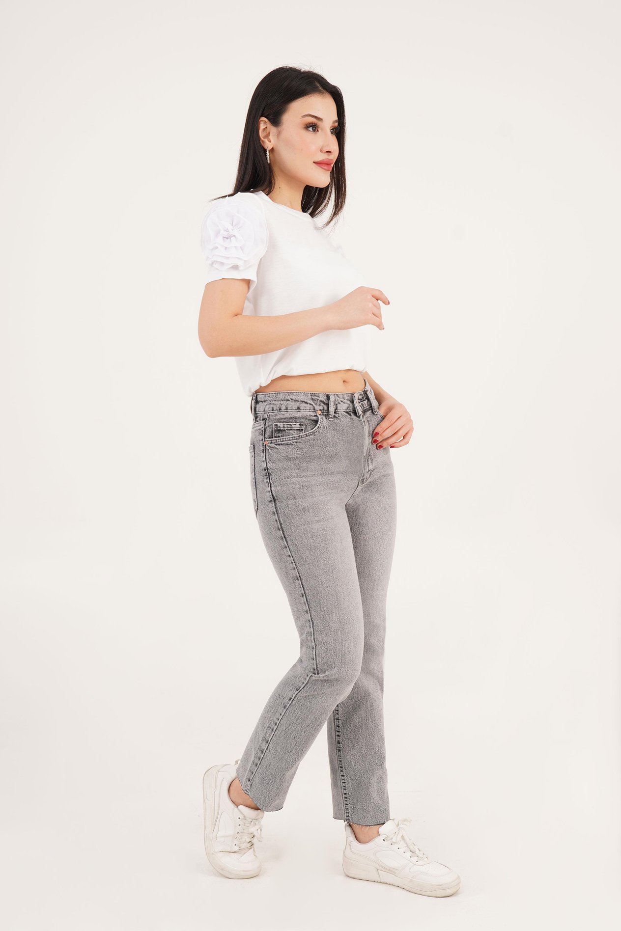 Yüksek Bel Premium Paçası Kesik Gri Mom Jean