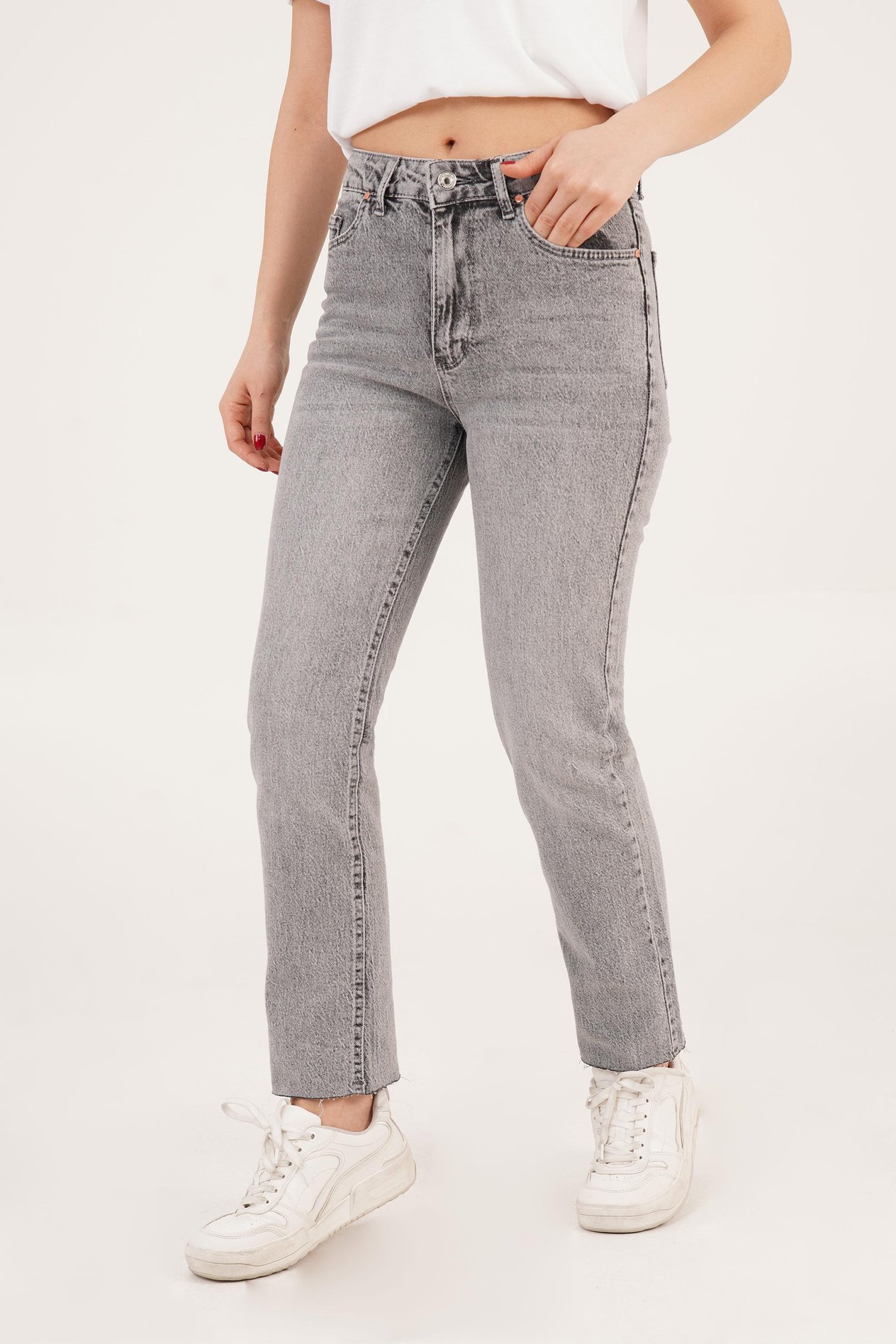 Yüksek Bel Premium Paçası Kesik Gri Mom Jean