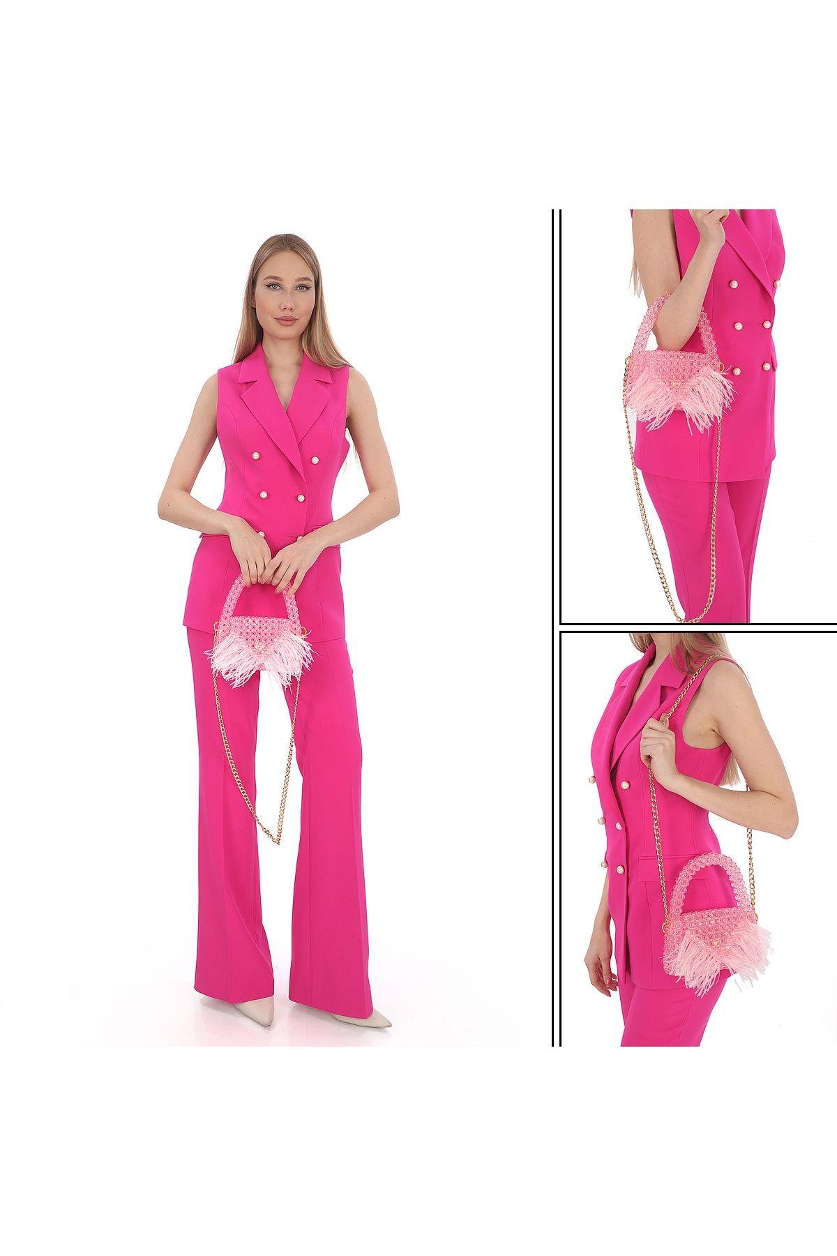 Pembe Taşlı Otriş Detaylı Mıknatıslı Çanta