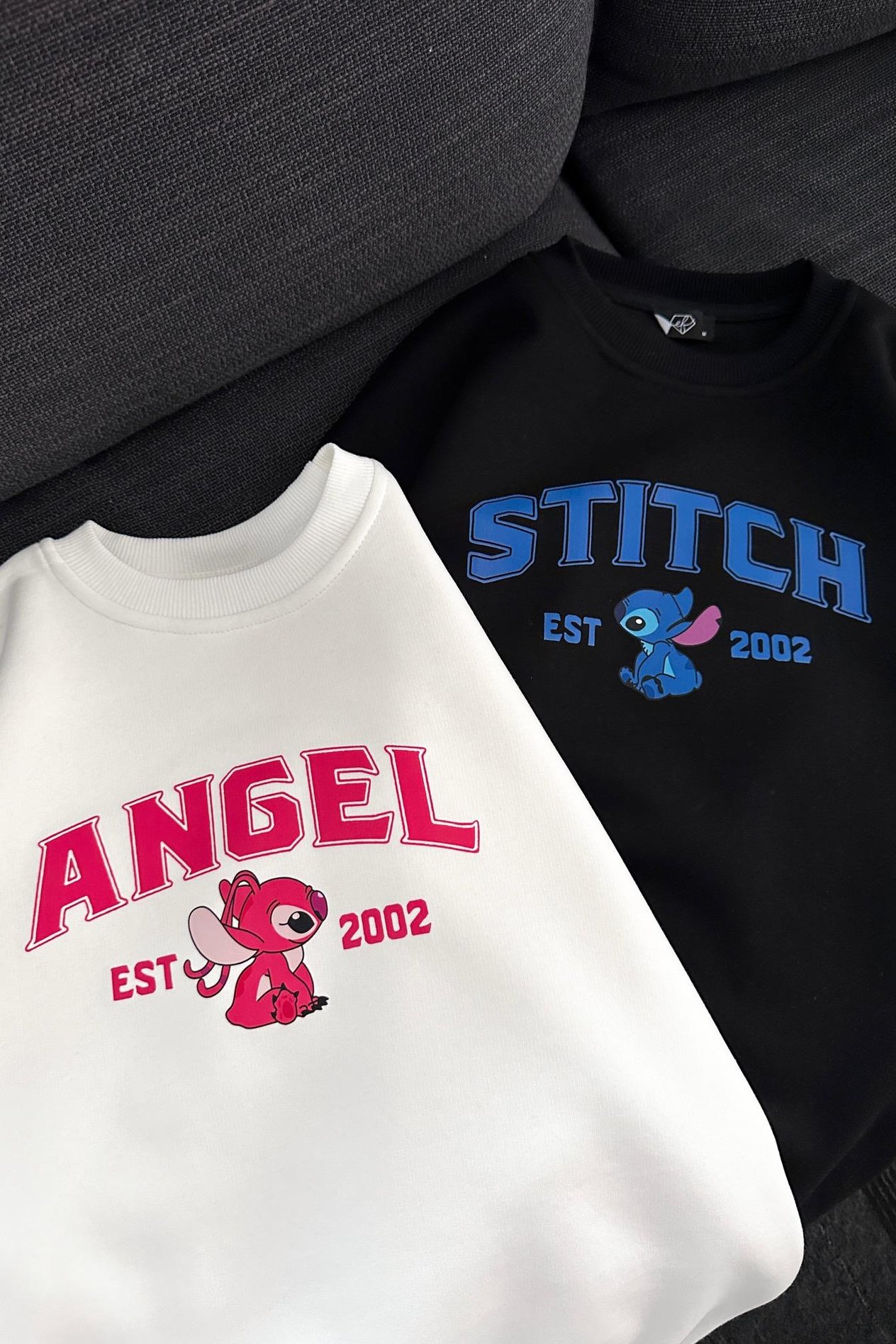 3 İplik Şardonlu Angel & Stitch Çift Sevgili Sweatshirt