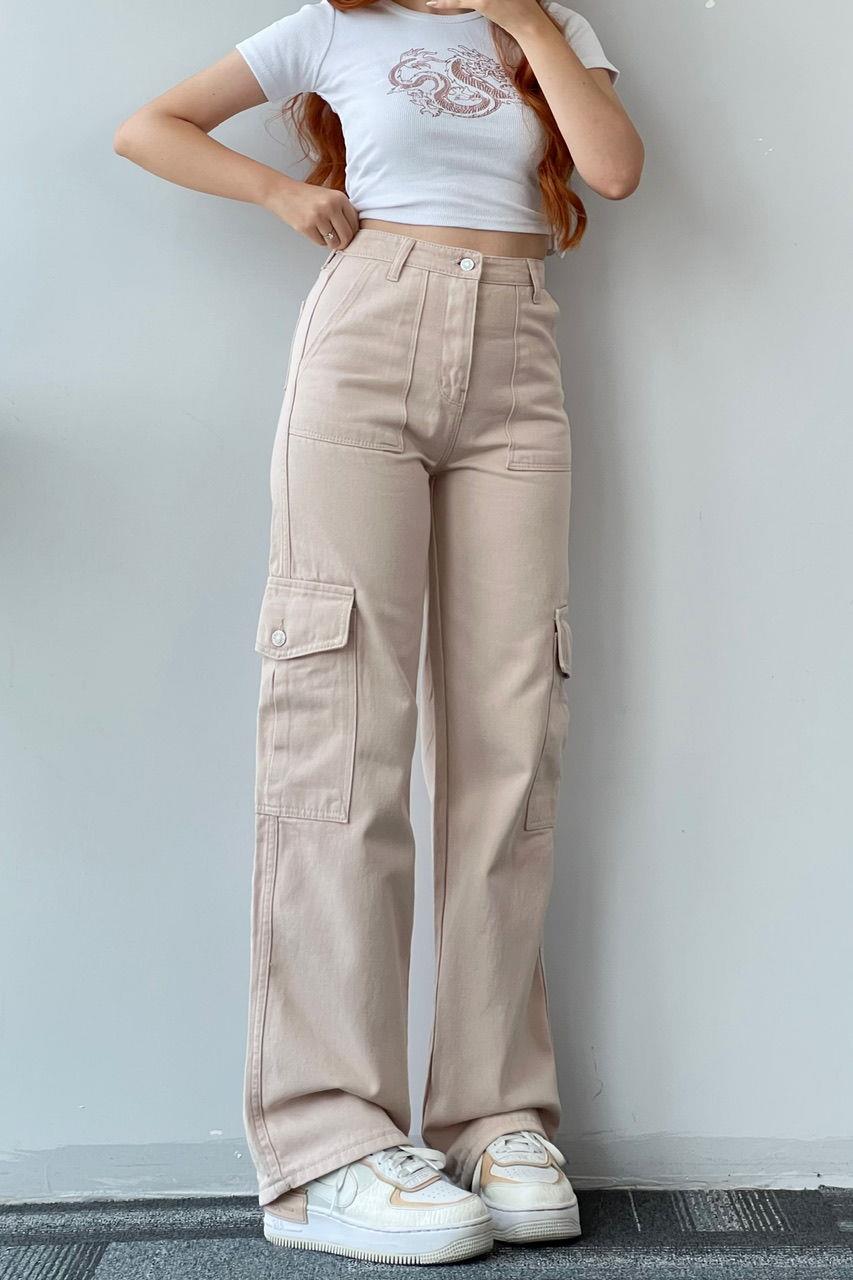 Bej Kargo Cep Wide Jeans