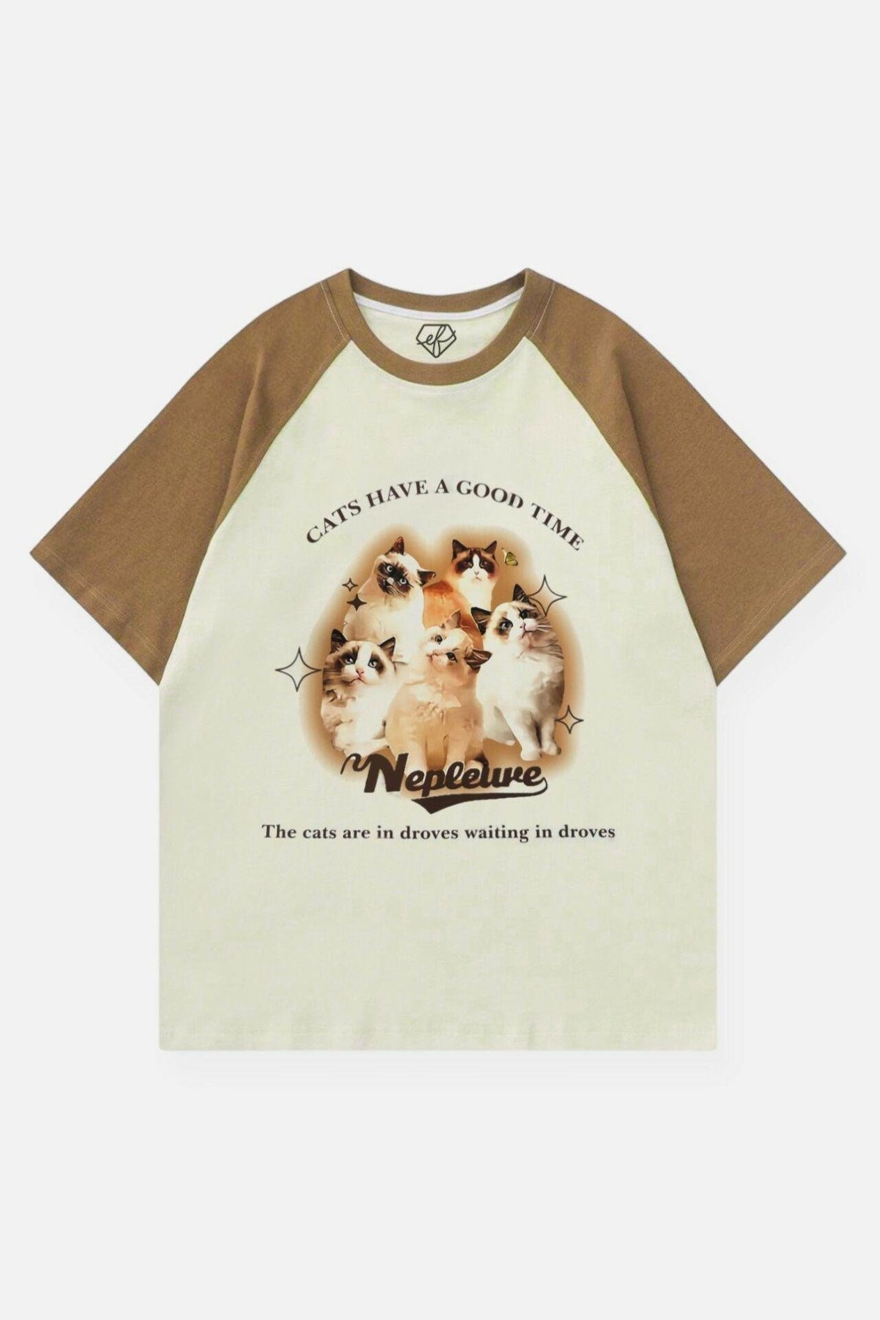 Bej Unisex Vizon Reglan Vintage Kawaii Cats T-Shirt
