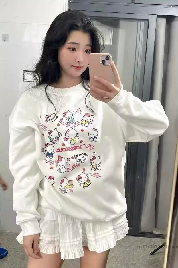 Beyaz 3 İplik Şardonlu Hello Kitty Cute Cartoon Long Sleeve Sweatshirt