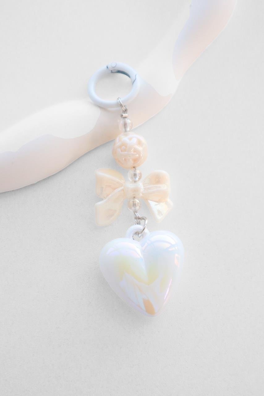 Beyaz Heart Bow Çanta Charm Anahtarlık 