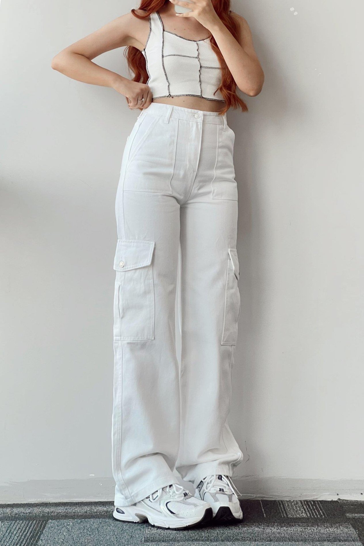 Beyaz Kargo Cep Wide Jeans