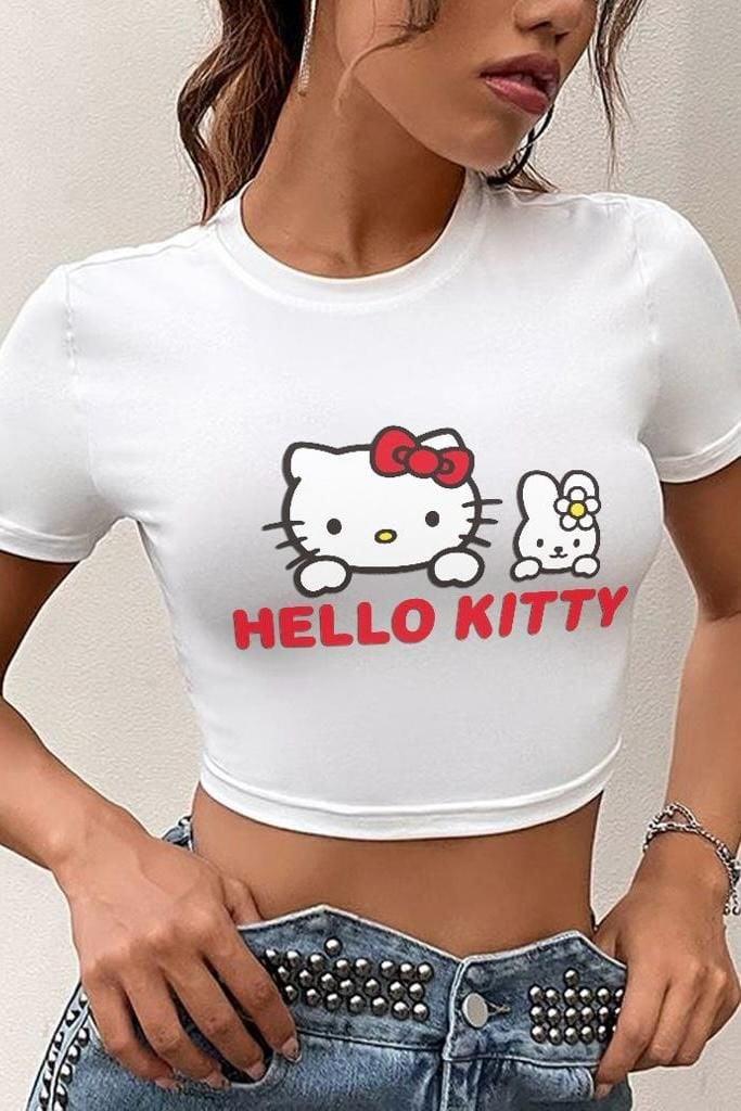 Beyaz Kitty Cat Yazılı Crop