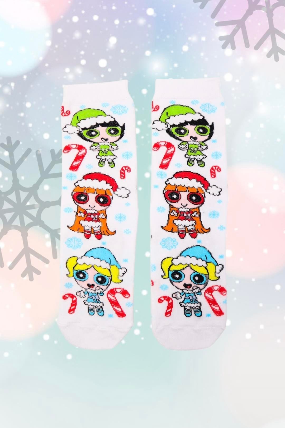 Beyaz Powerpuff Girls Yılbaşı Çorap