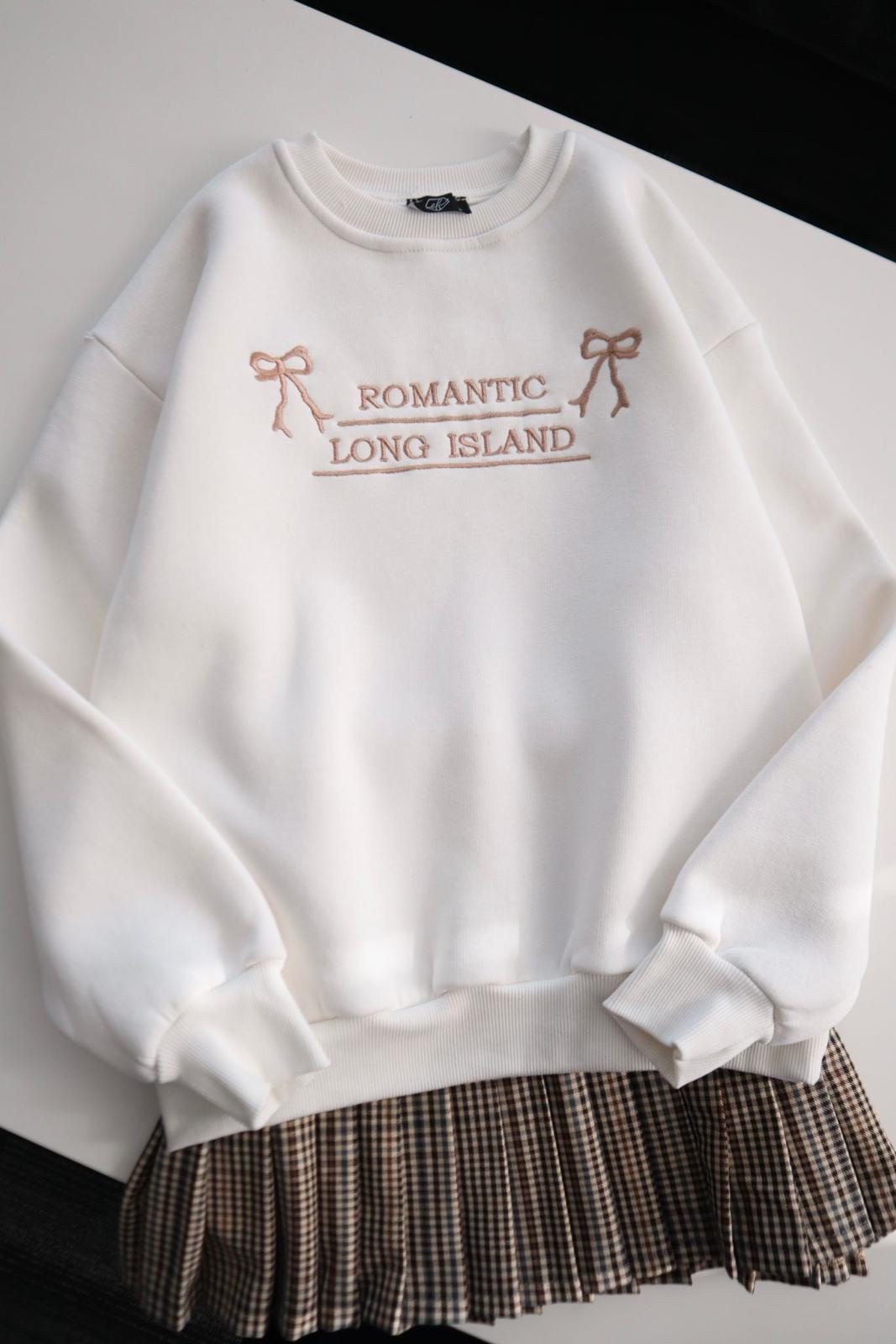 Beyaz Romantic Long Island 3 İplik Şardonlu Sweatshirt