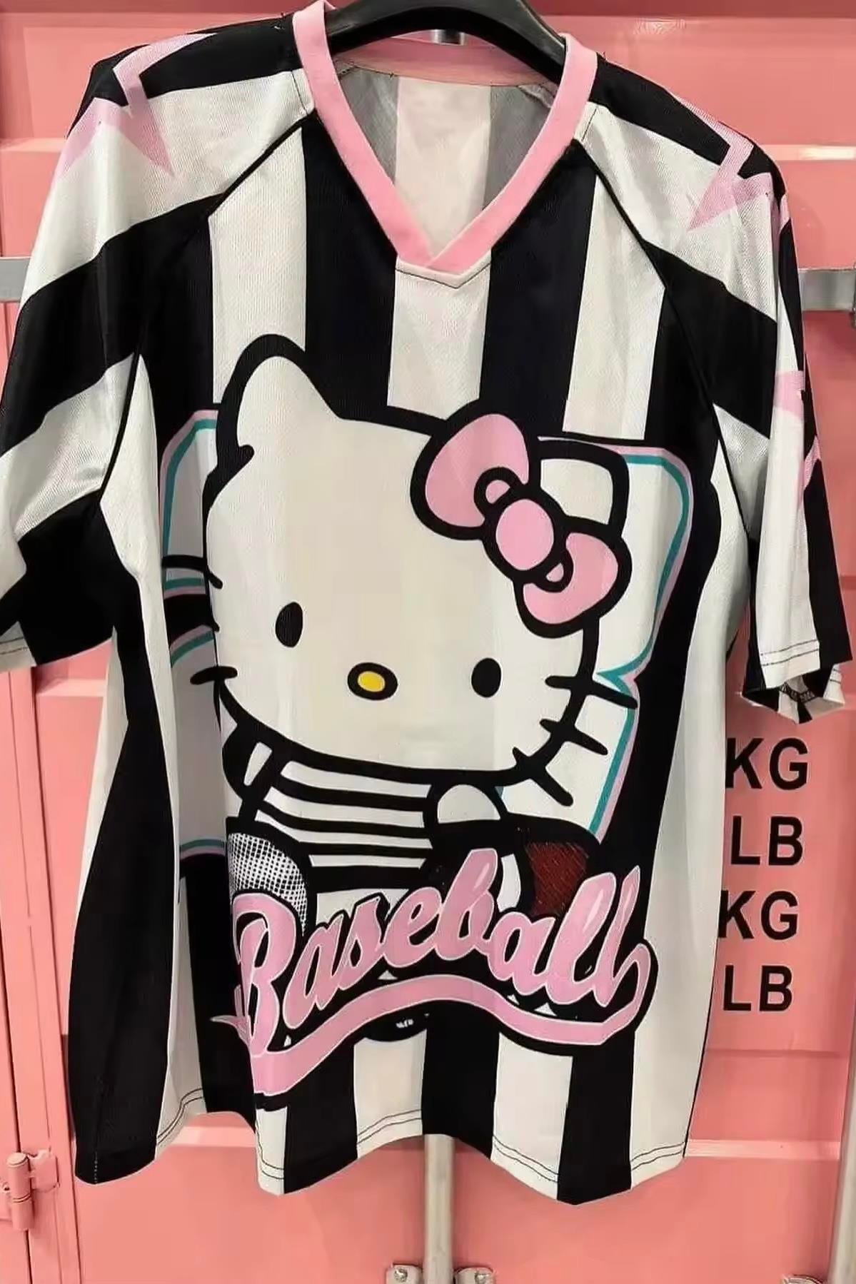 Beyaz Siyah V Yaka Hello Kitty Baseball Jersey T-shirt