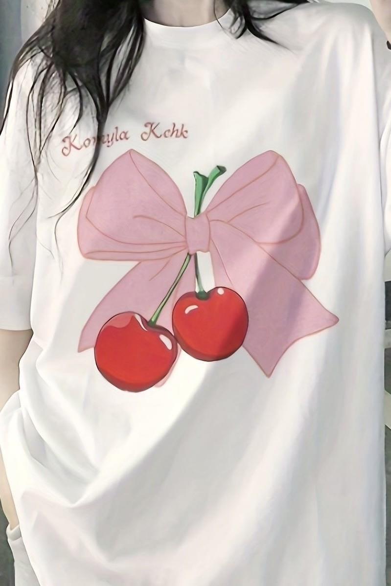 Beyaz Unisex Cherry Bow T-Shirt