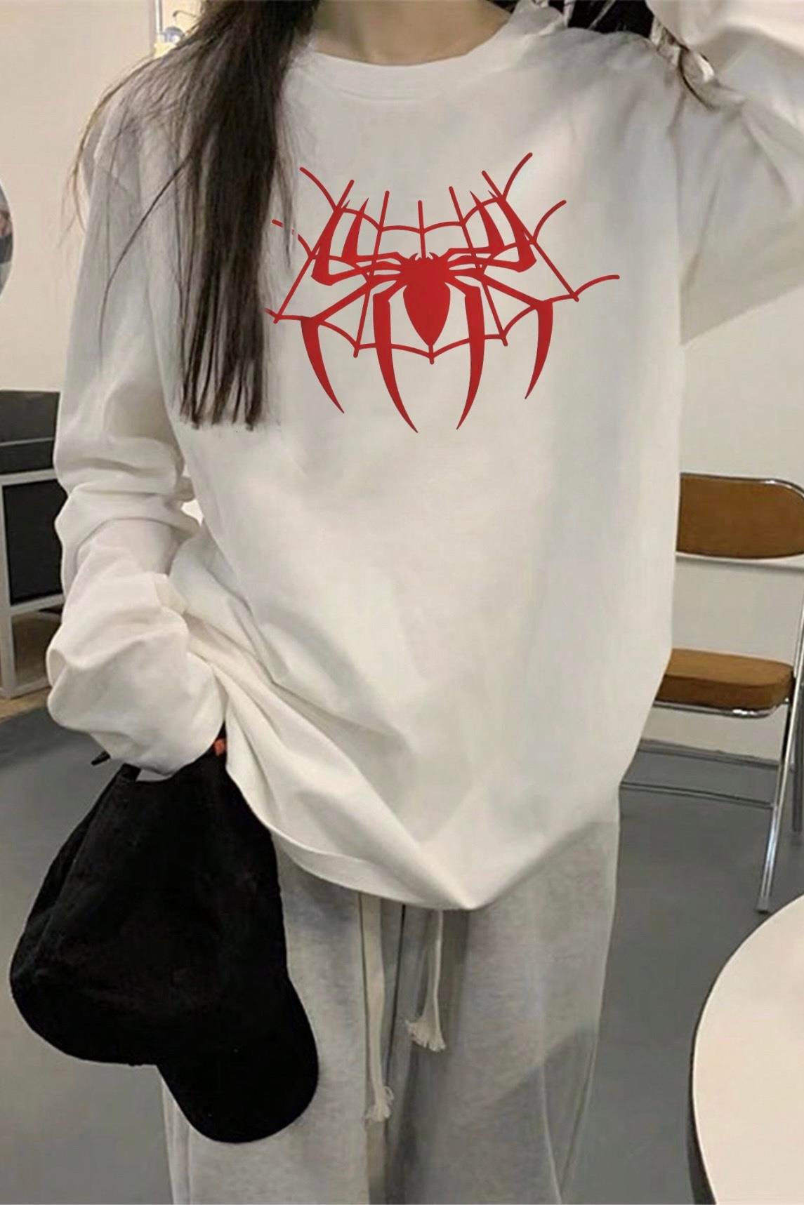 Beyaz Unisex Kırmızı Spider Web Uzun Kol T-Shirt 