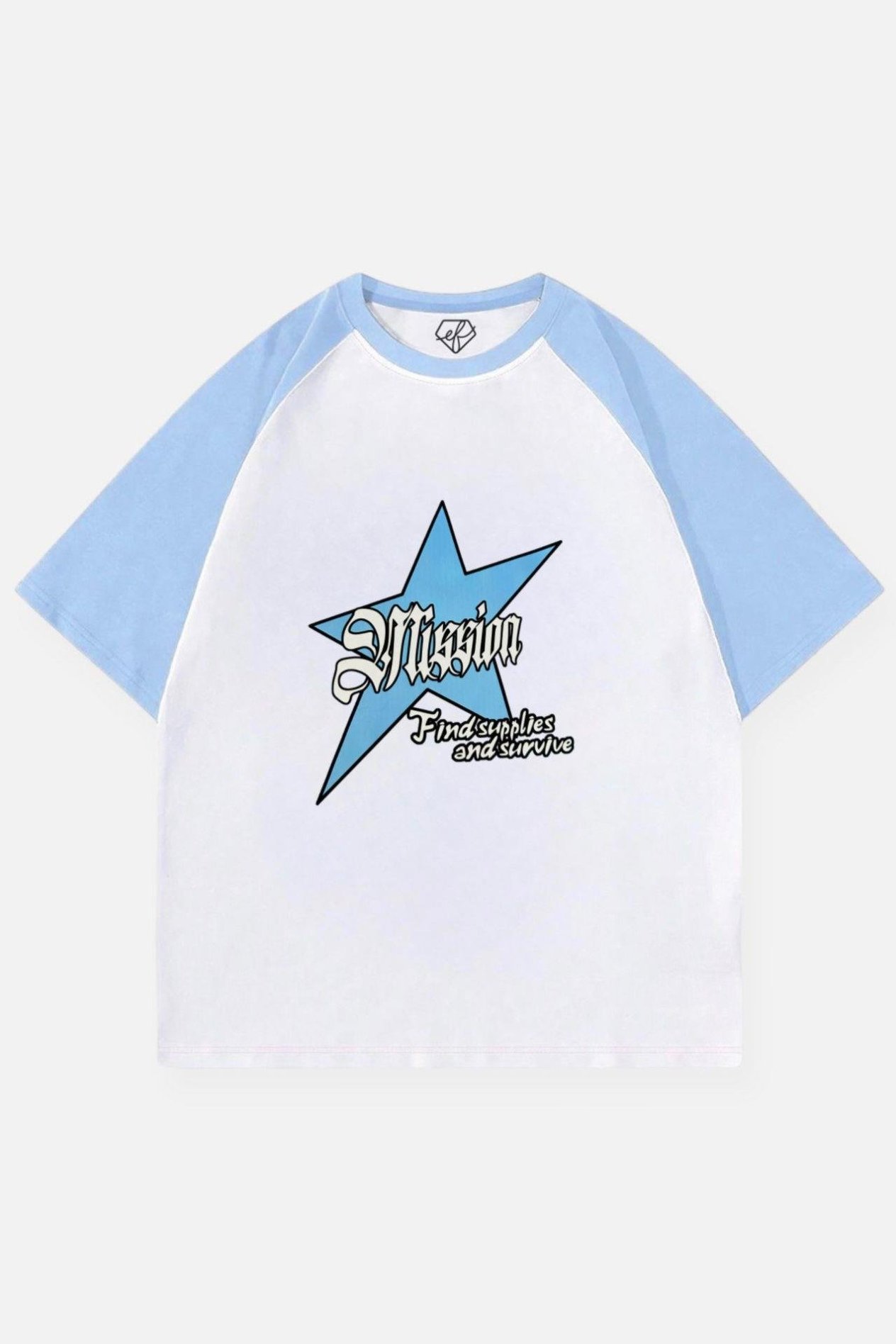 Beyaz Unisex Mavi Reglan Mission Star T-Shirt