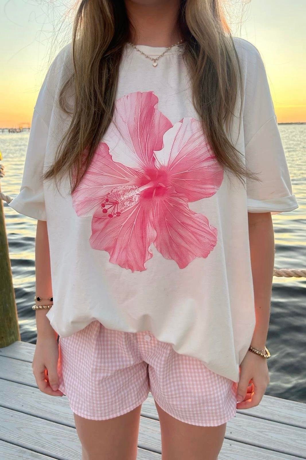 Beyaz Unisex Pink Floral Printed T-Shirt