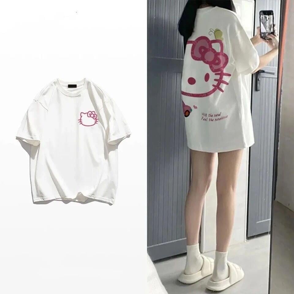 Beyaz Unisex Sırt Baskılı Face Hello Kitty T-Shirt