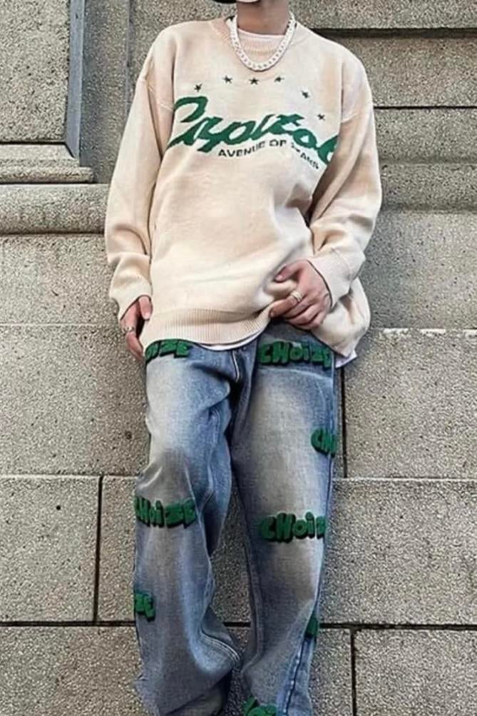 Beyaz Vintage Harajuku Star Capitol Ön Arka Baskılı Triko  Kazak