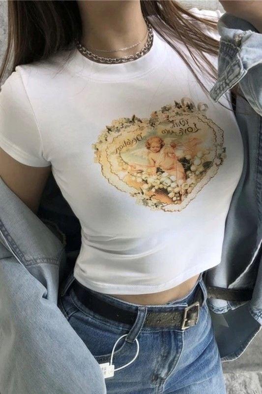 Beyaz Vintage Style Cupid Flowers Crop