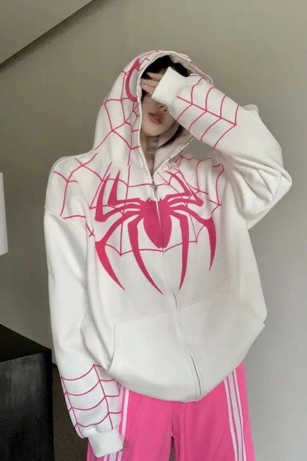 Beyaz Y2k Streetwear Spider Web Oversize Fermuarlı Unisex Kapüşonlu Hırka