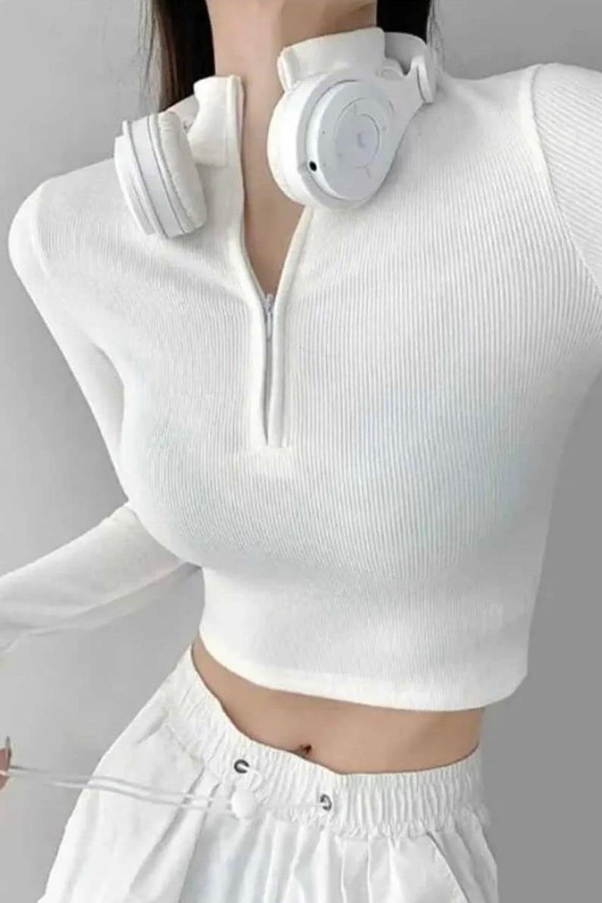 Beyaz Y2K Yarım Fermuarlı Harujuku Crop Bluz 