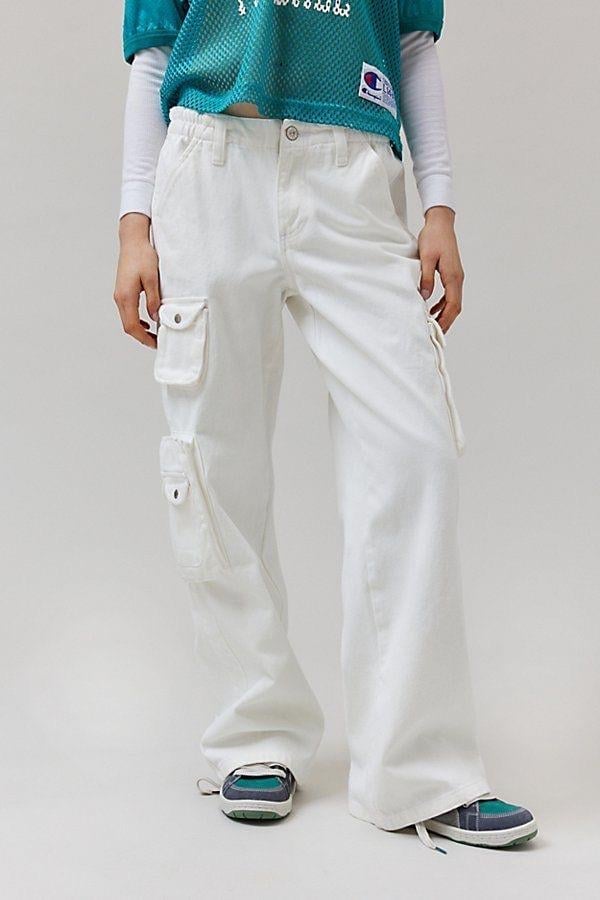 Beyaz Yüksek Bel Wide Leg Kargo Cep Jeans