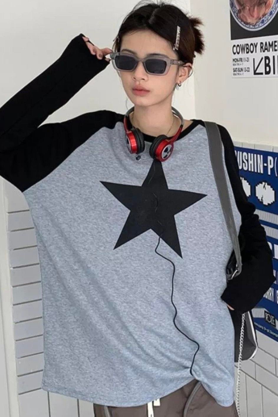 Gri Siyah Unisex Y2K Star Uzun Kol T-Shirt
