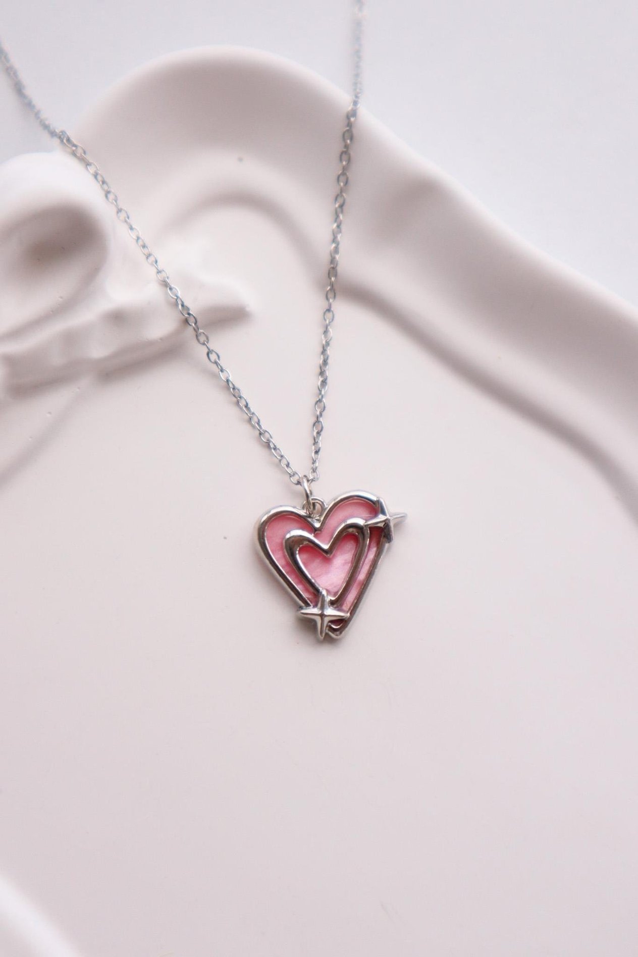 Gümüş Renk Zincirli Pink Two Heart İthal Kolye 