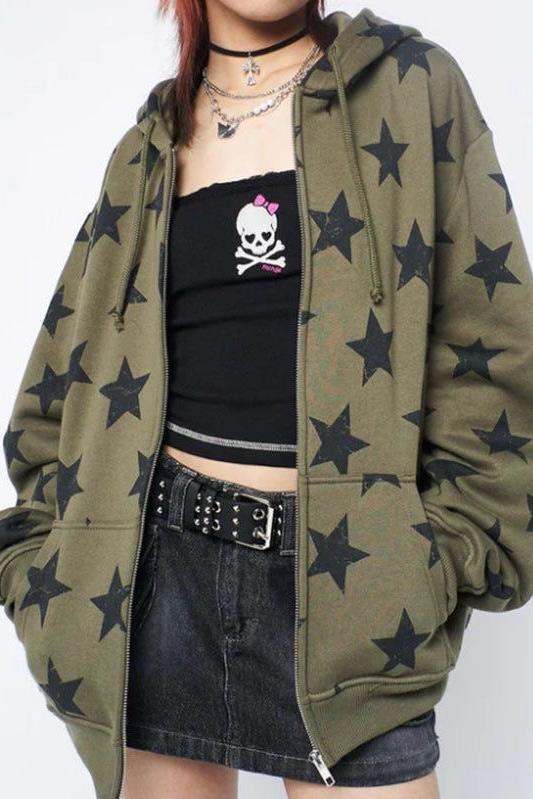 Haki Star Print 3 İplik Şardonlu Hırka 
