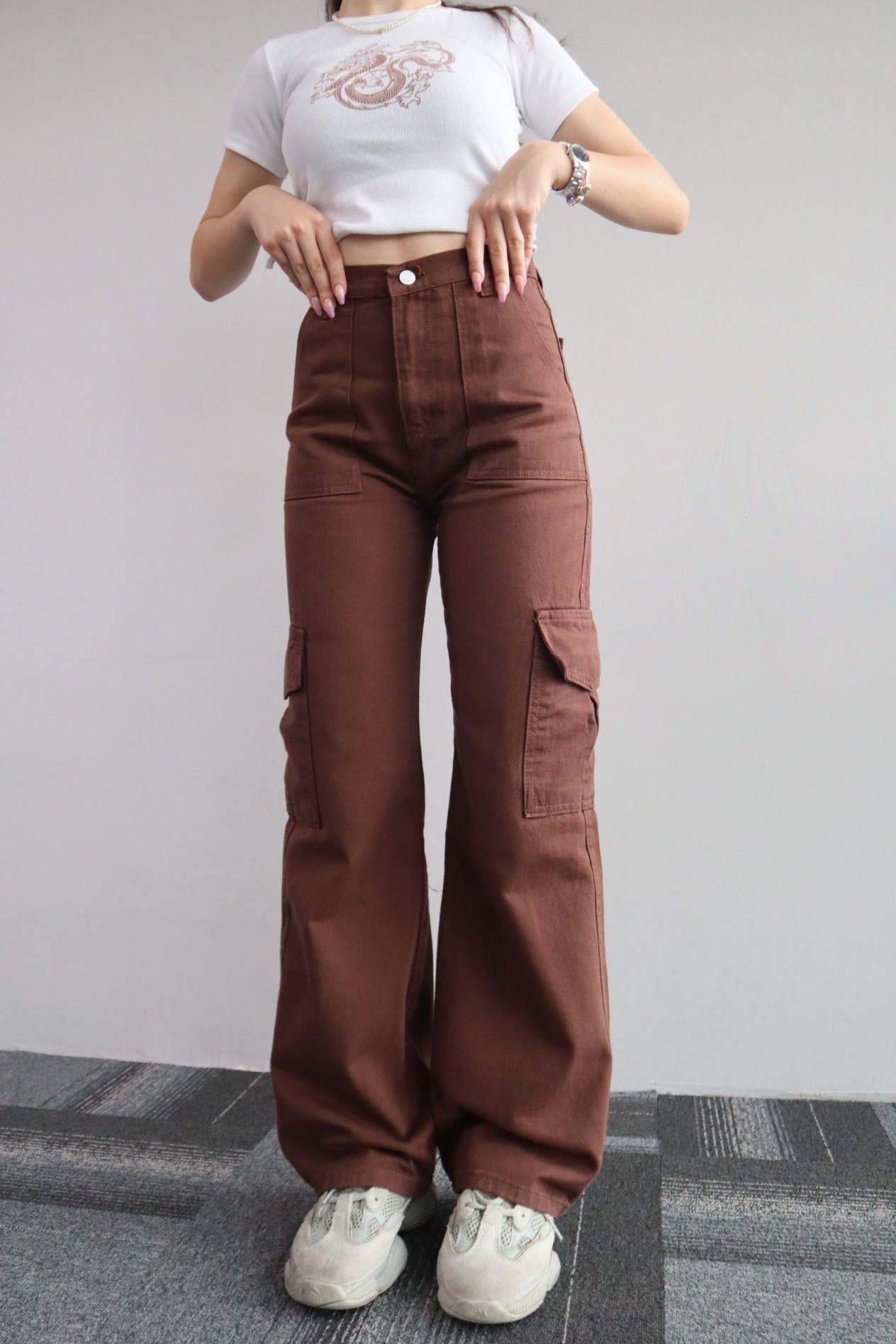 Kahverengi Kargo Cep Wide Jeans