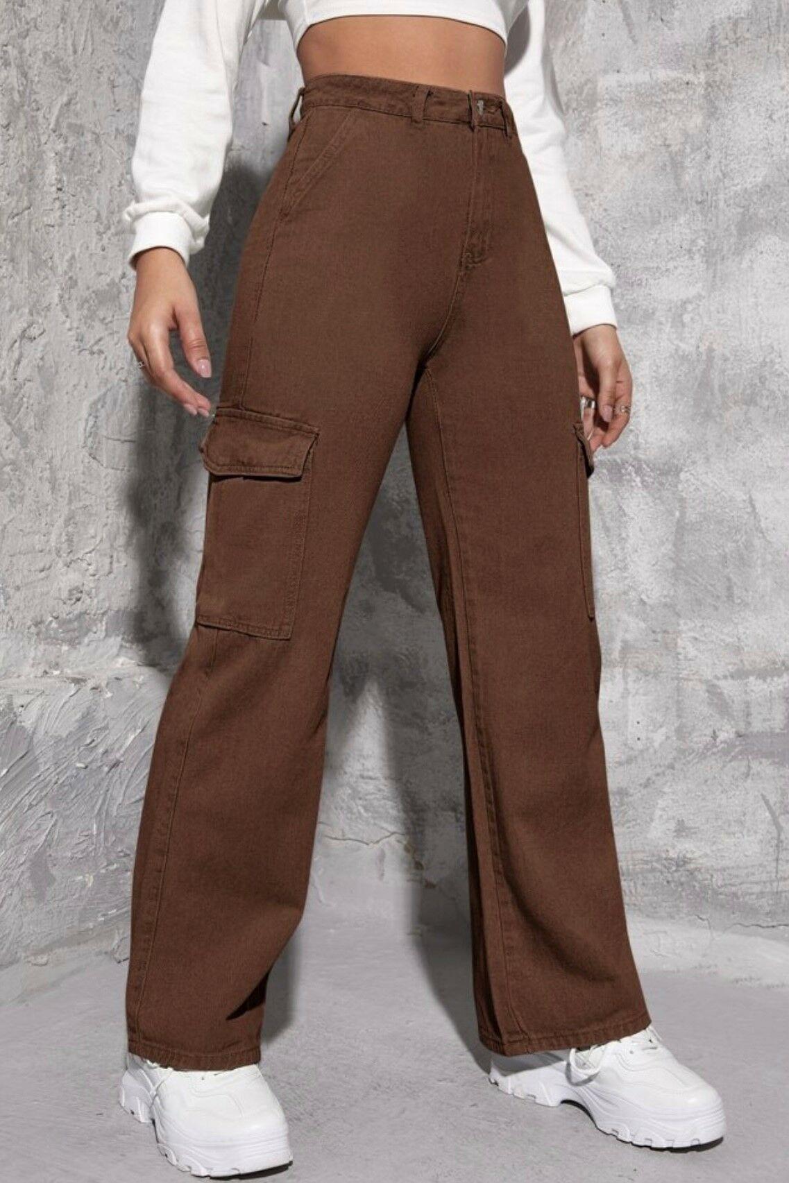 Kahverengi Yüksek Bel Kargo Cep Wide Jeans