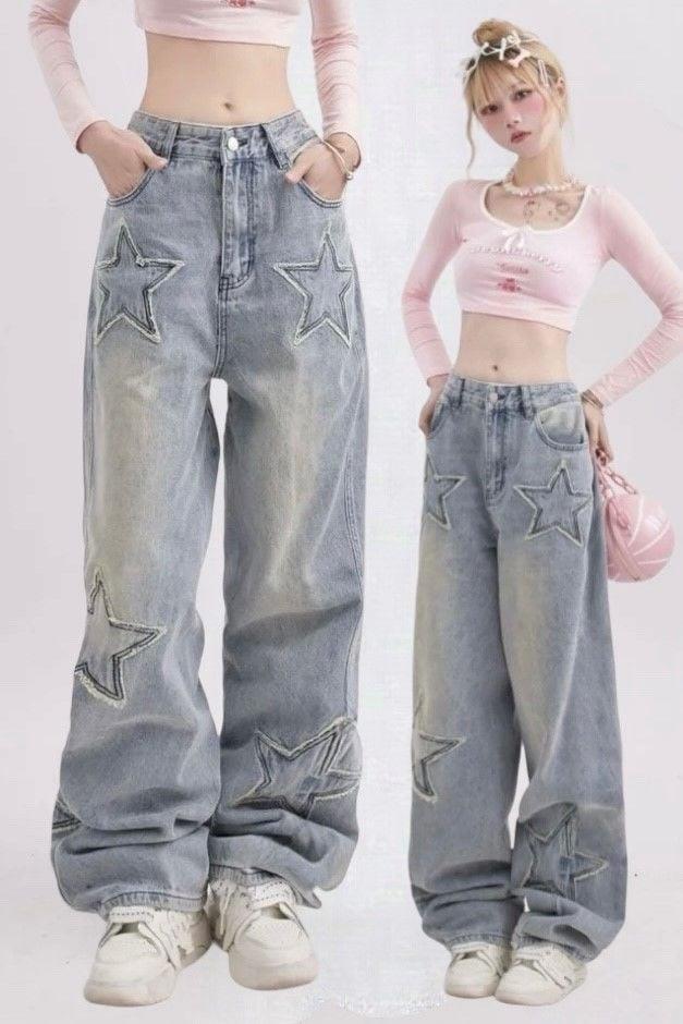 Kar Yıkama Y2K Stars Patch Detay Jeans