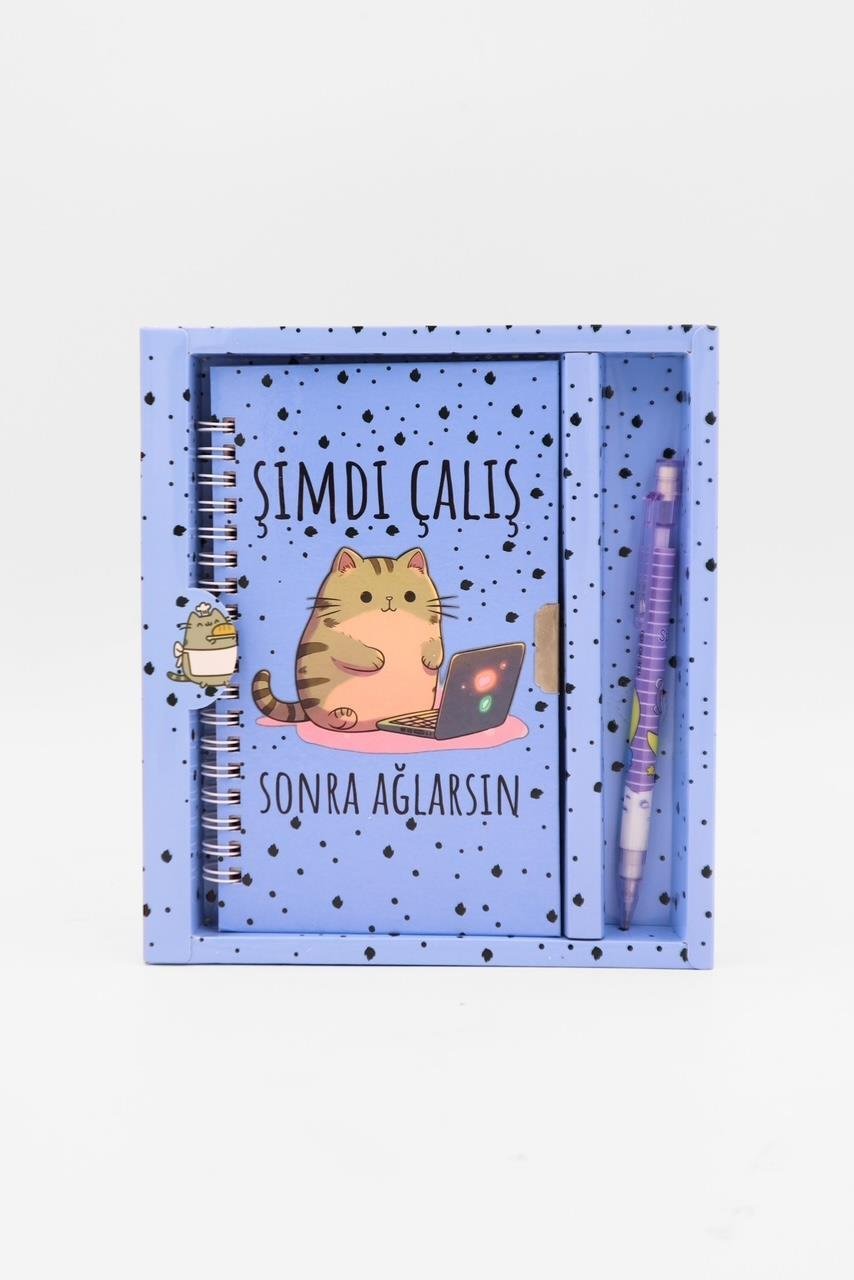 Kedi Mottolu Kilitli Defter - Şimdi Çalış Sonra Ağlarsın