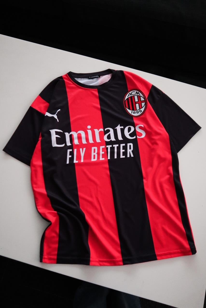 Kırmızı Siyah Çubuklu Ac Milan Jersey T-Shirt