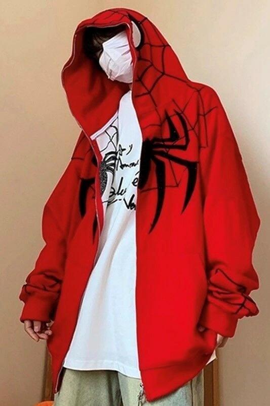 Kırmızı Y2k Streetwear Spider Web Oversize Fermuarlı Unisex Kapüşonlu Hırka