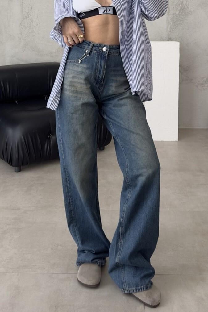 Koyu Mavi Yıkamalı Baggy Jeans (16114)