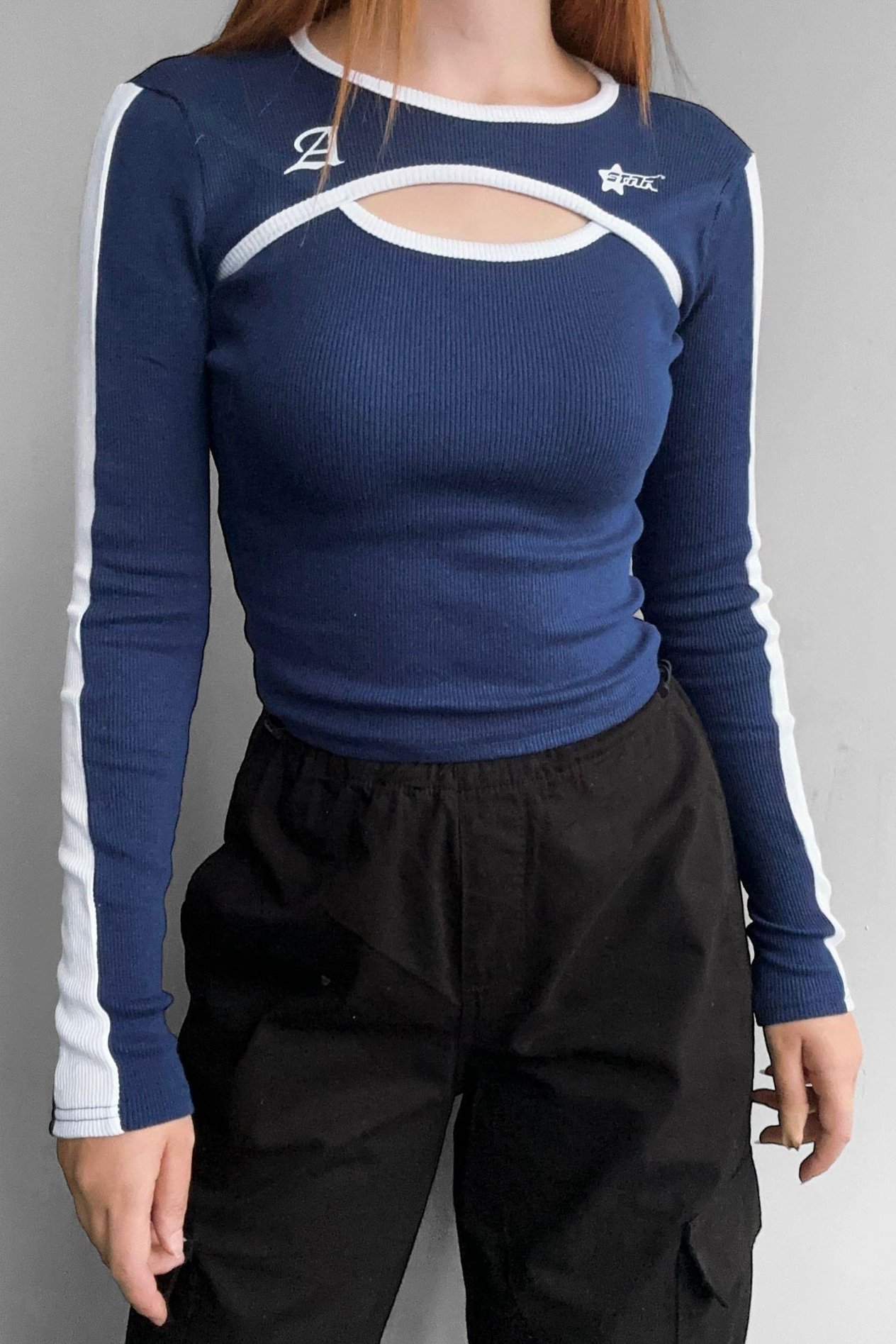 Lacivert A Star Degajeli Uzun Kollu Crop  Bluz 