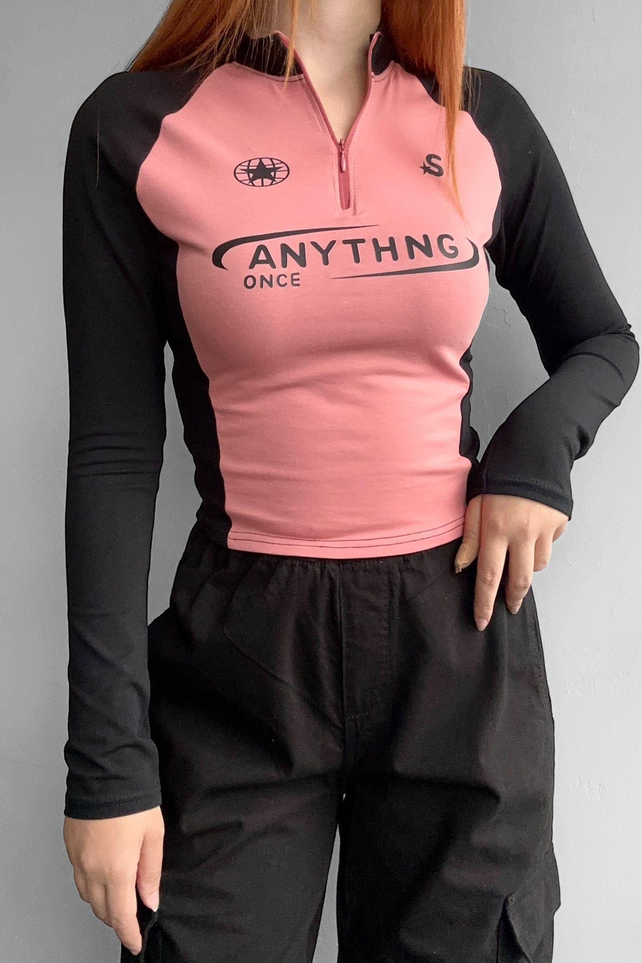 Pembe Anythng Once Uzun Kollu Crop Bluz 