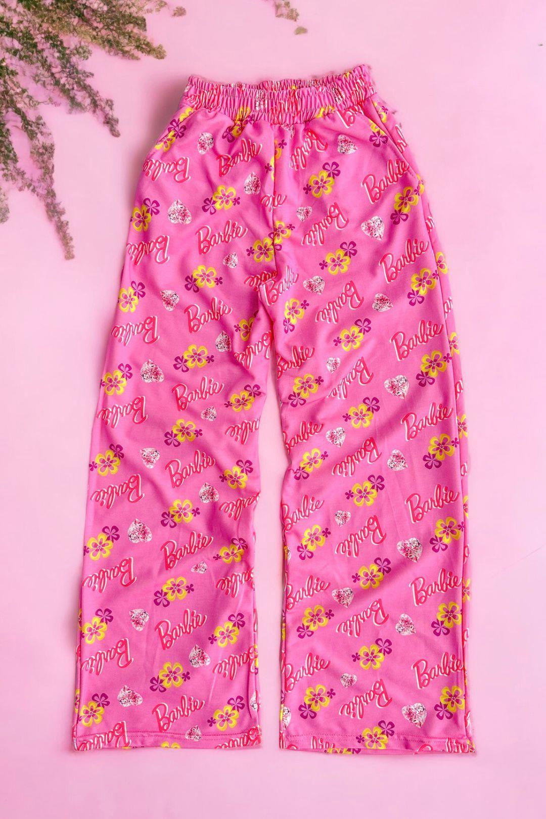 Pembe Barbie Çiçek Bol Paça Eşofman Altı