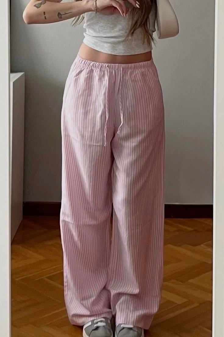 Pembe çizgili Beli Lastikli Y2K Keten Pantolon 
