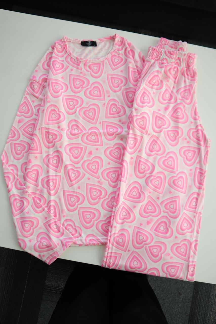 Pembe İç İçe Kalp Uzun Kollu Pijama Takımı 