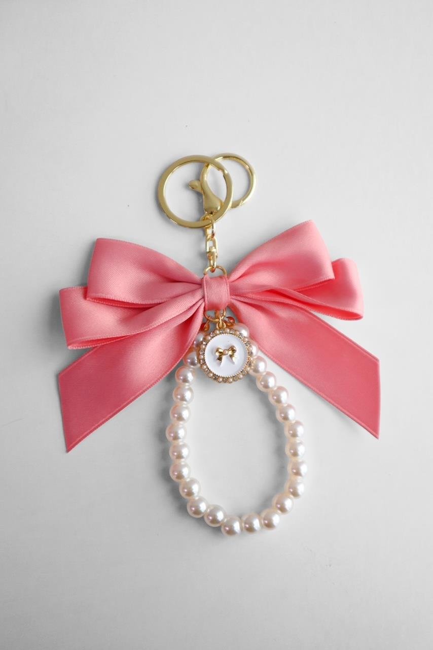 Pembe Ribbon İncili Bow Detail Çanta Charm Anahtarlık 