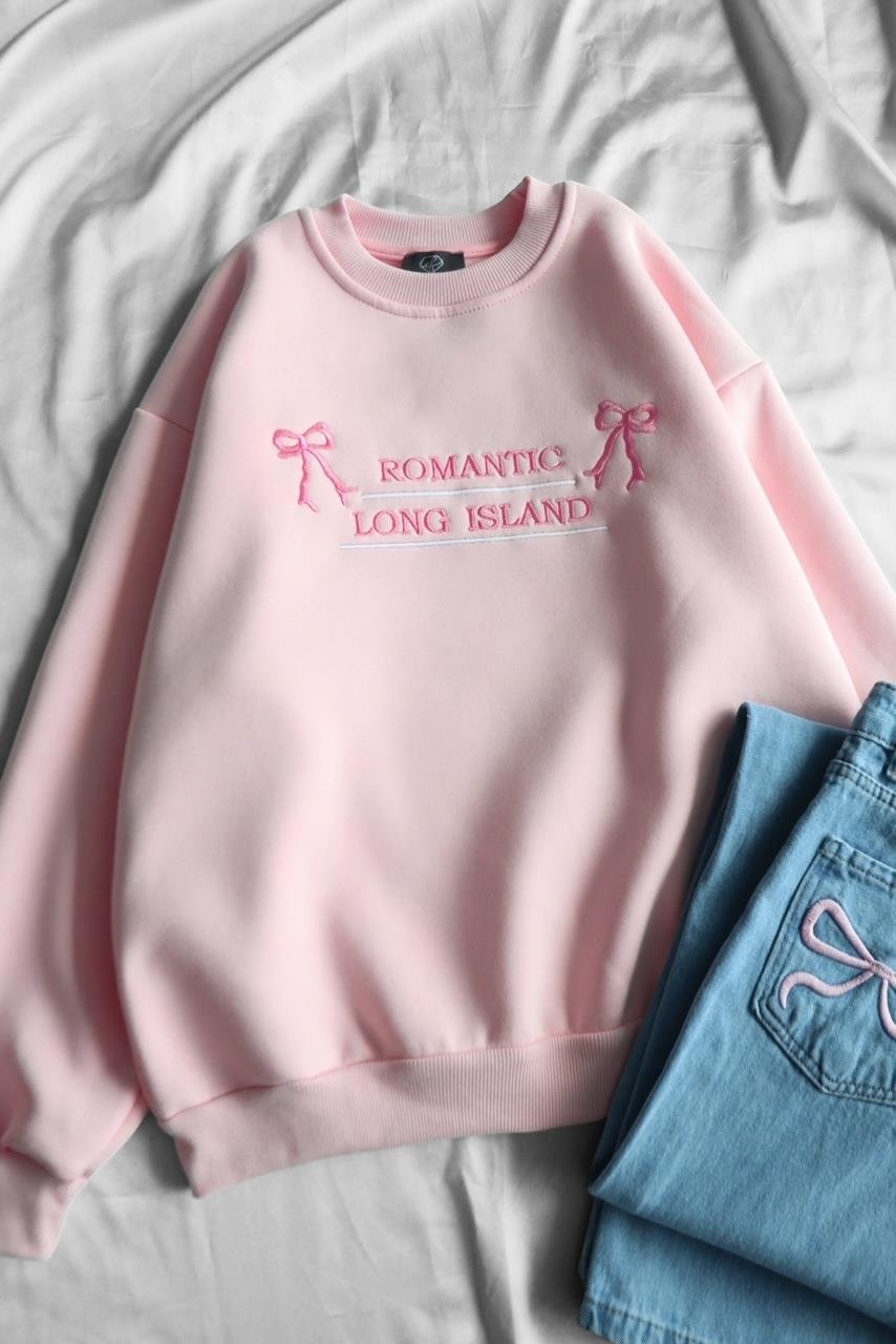 Pembe Romantic Long Island 3 İplik Şardonlu Sweatshirt