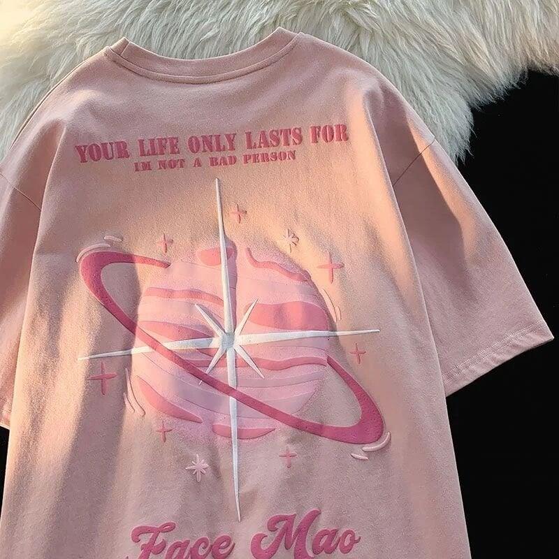 Pembe Unisex Sırt Baskılı Saturn Yıldız T-Shirt