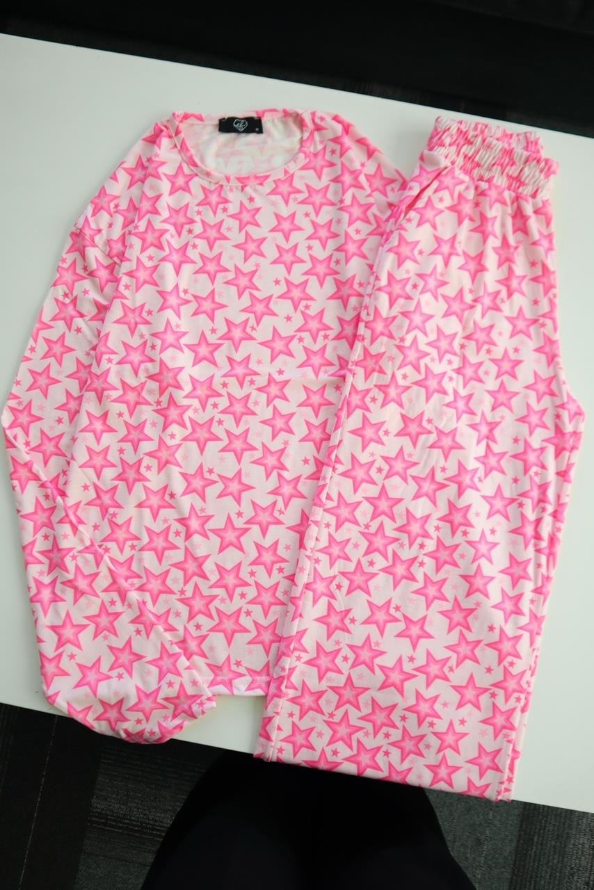 Pembe Yıldız Kolaj Uzun Kollu Pijama Takımı 
