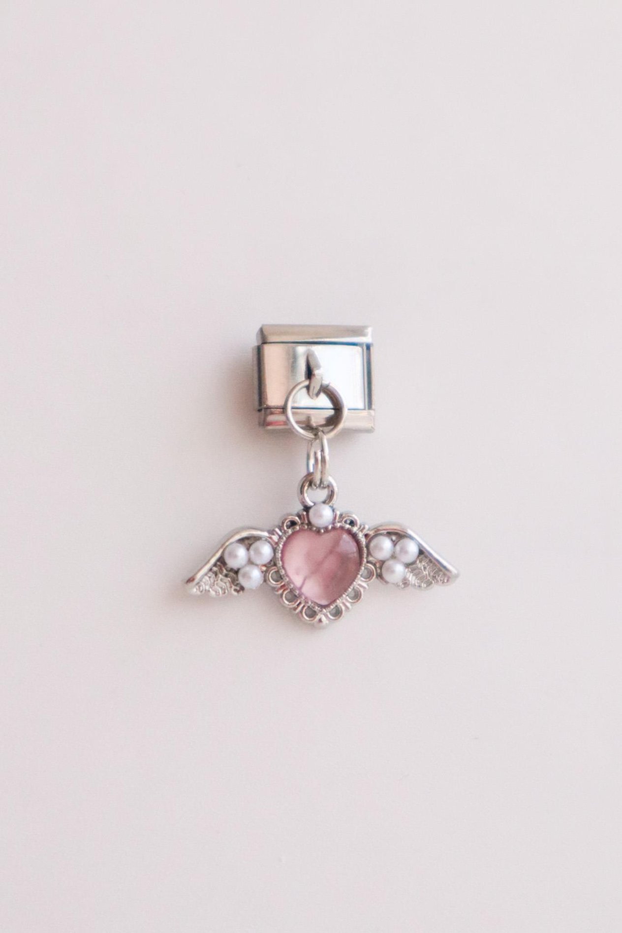 Sallantılı Pembe İncili Kalp Kanat İtalyan Charm