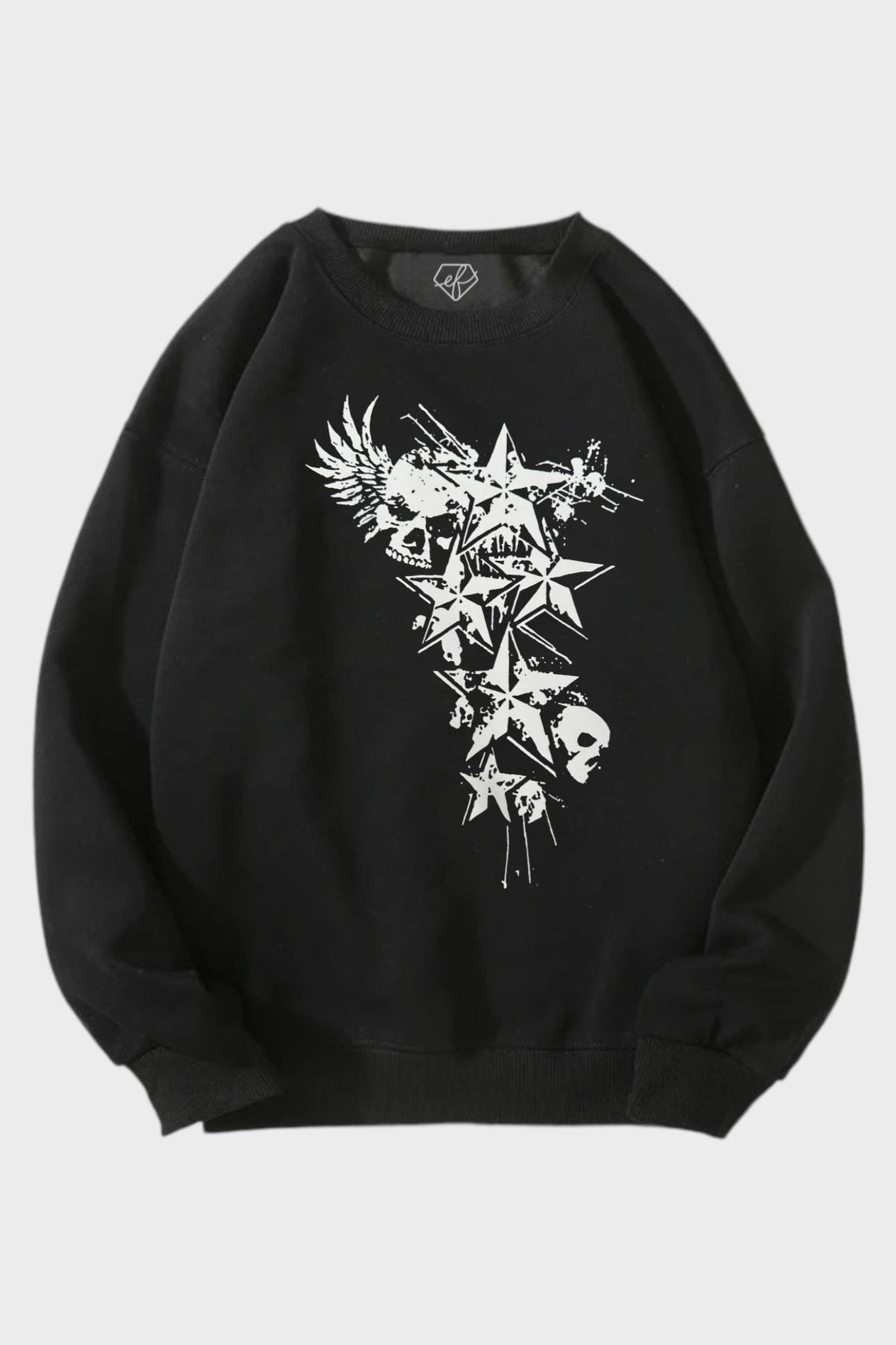 Siyah 3 İplik Şardonlu Skull Star Sweatshirt