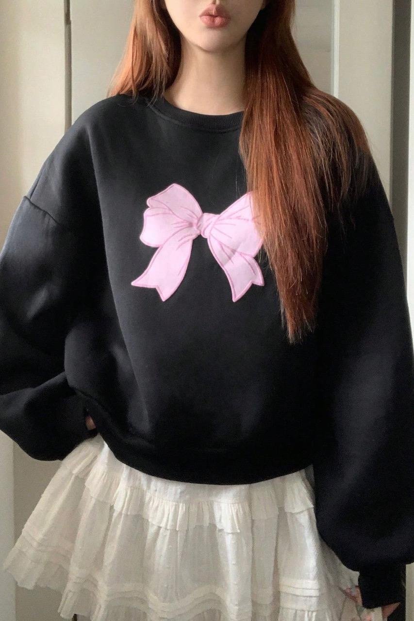Siyah 3 İplik Şardonlu Y2K Harajuku Bowtie Sweatshirt