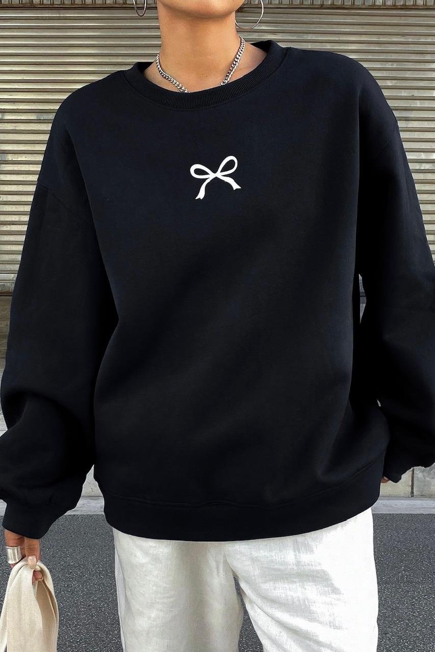 Siyah 3 İplik Şardonlu Y2K Harajuku Tıny Bow Sweatshirt