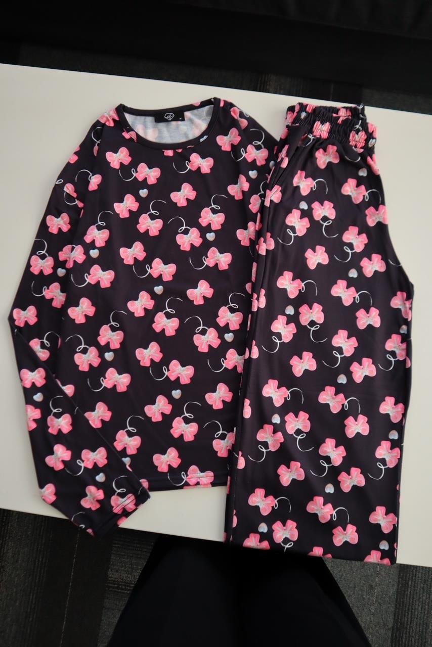 Siyah Fiyonk Kolaj Kollu Pijama Takımı 